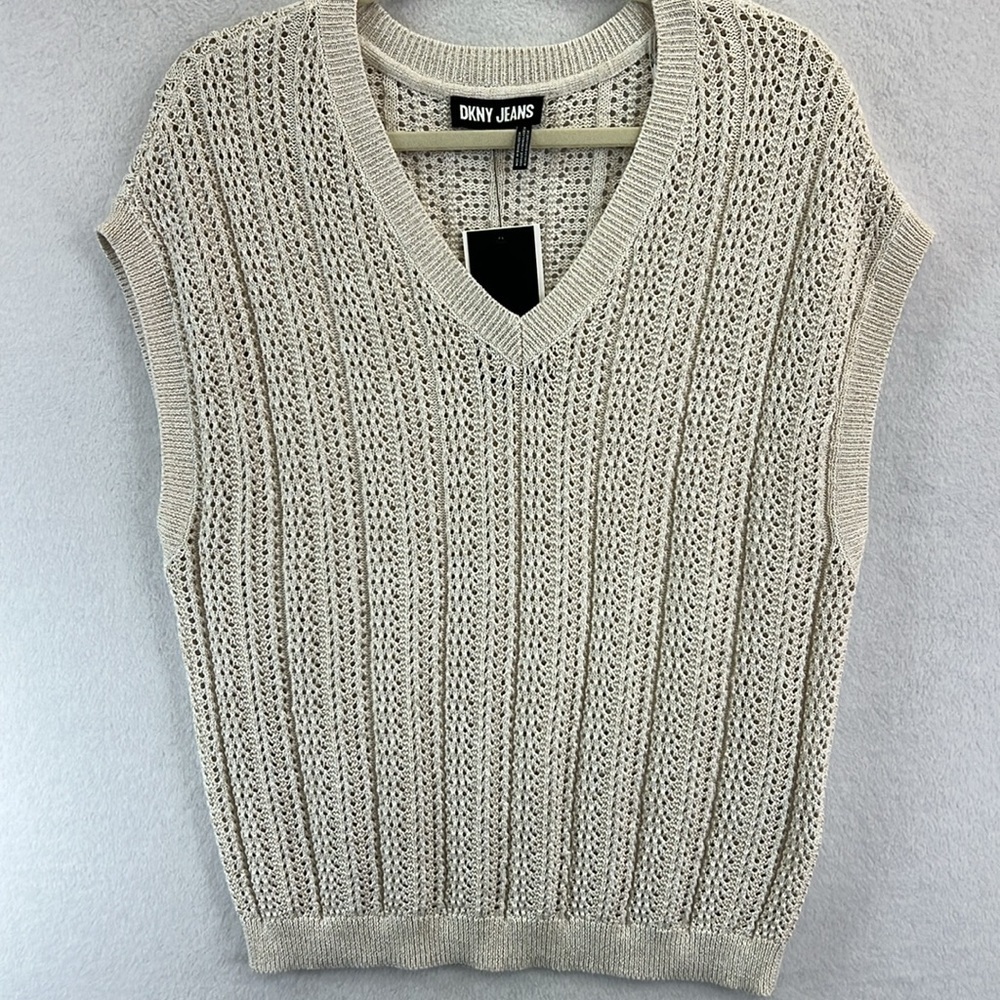 DKNY Jeans Women’s Sweater Vest XL Cream / Gold Open Knit Pattern NWT